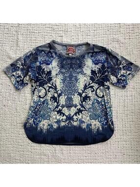 Johnny Was Janie Favorite Oversized Cropped Tee in Denim Lace Scarf - Size XS